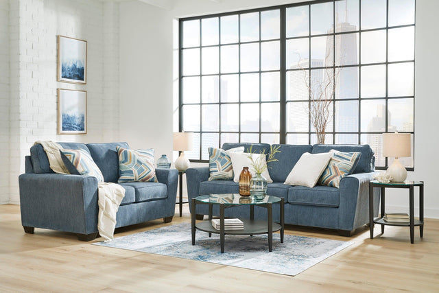 Ashley Blue Modern Contemporary Solid Wood Fabric Upholstered Sofa & Loveseat - Ella Furniture