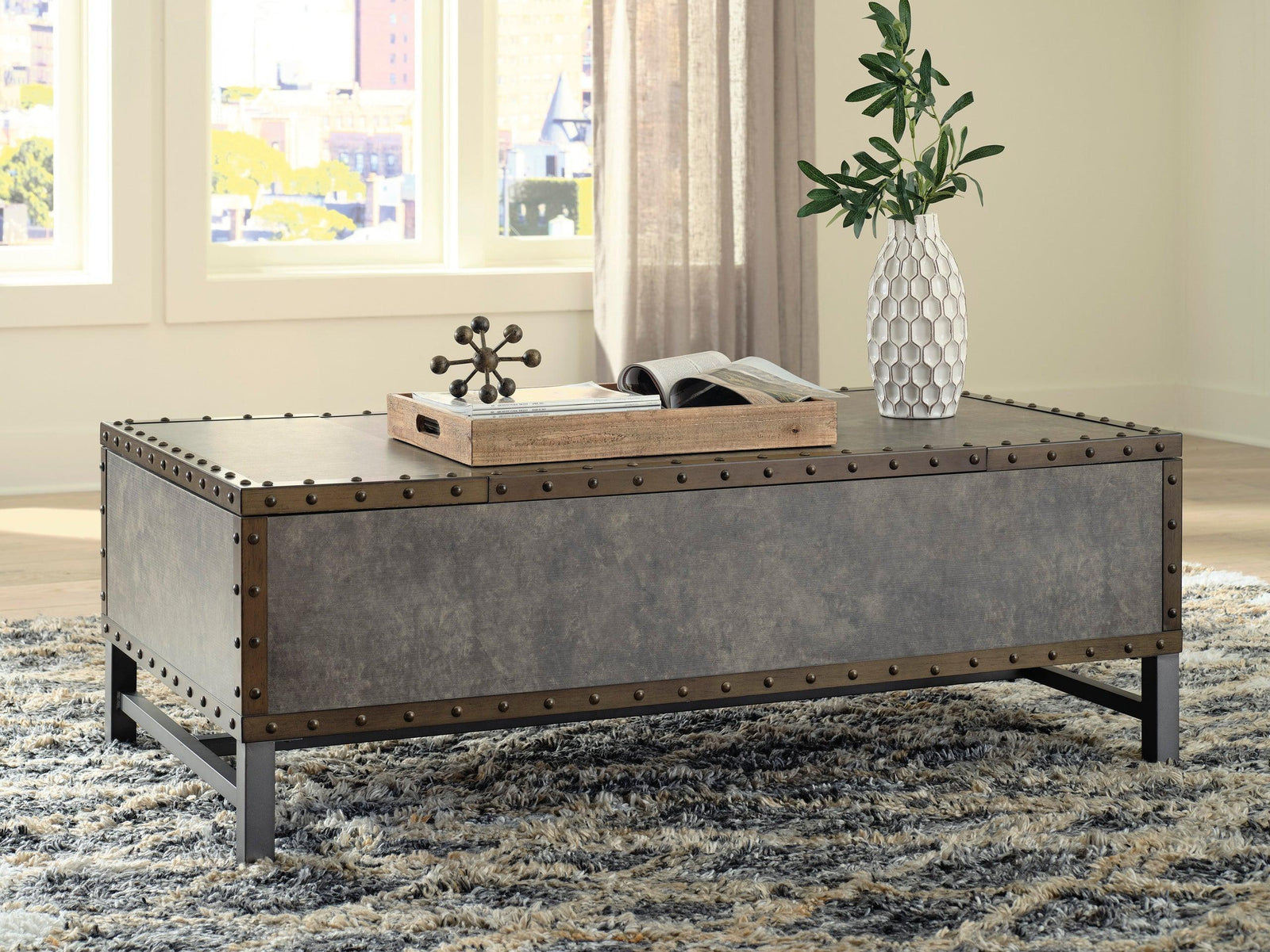 Brown Modern Contemporary Metal Solid Wood Lift Top Rectangular Storage Cocktail Table - Ella Furniture