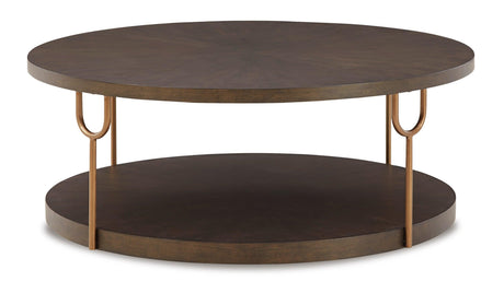 Dark Brown/Gold Modern Metal Tubular Legs With Antiqued Goldtone Round Cocktail Table - Ella Furniture