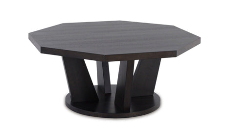 Dark Brown Modern Contemporary Mango Wood Veneer Octagonal Trapezoid Cocktail Table - Ella Furniture