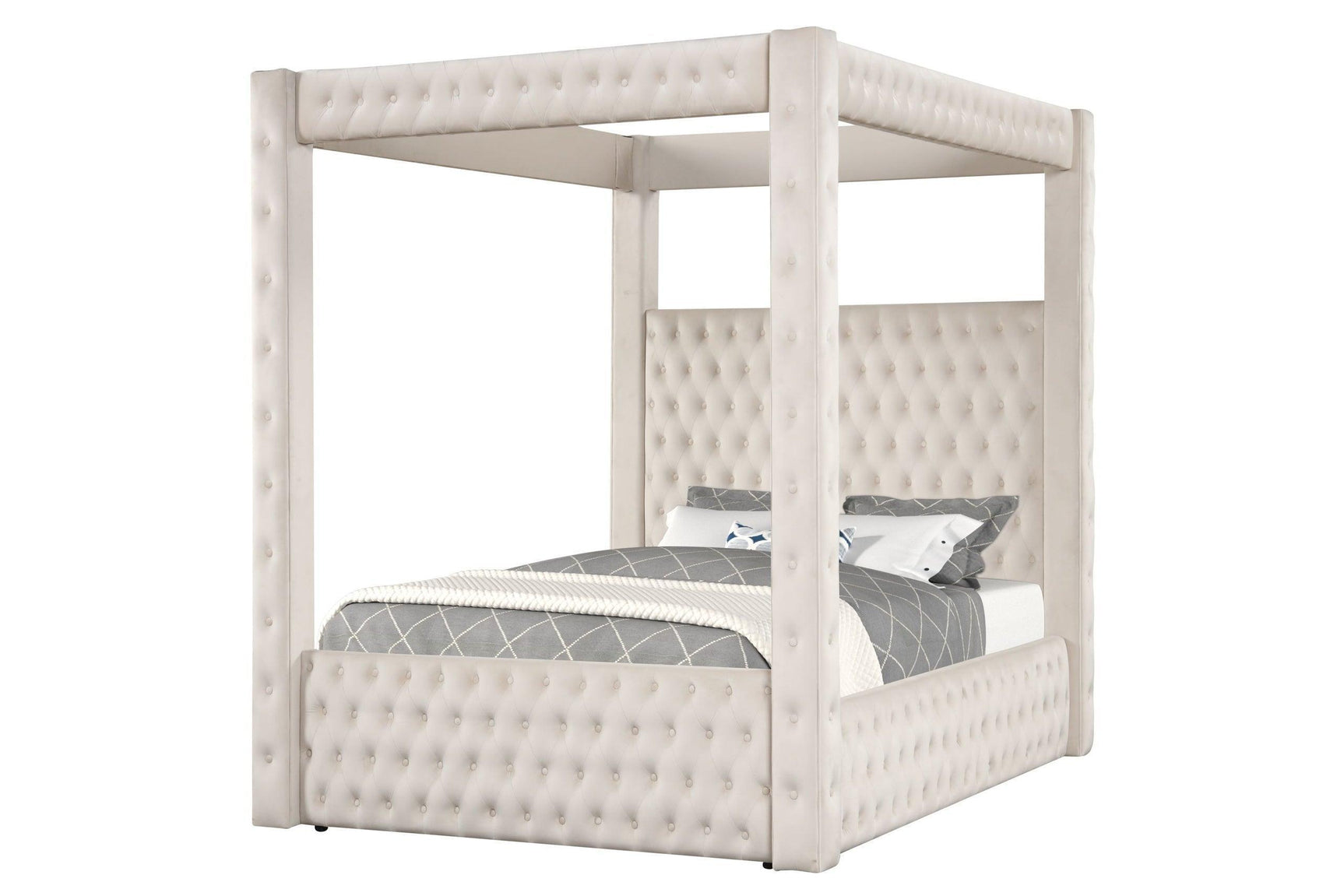 Castle Cream Velvet Upholstered Tufted Platform King Bed