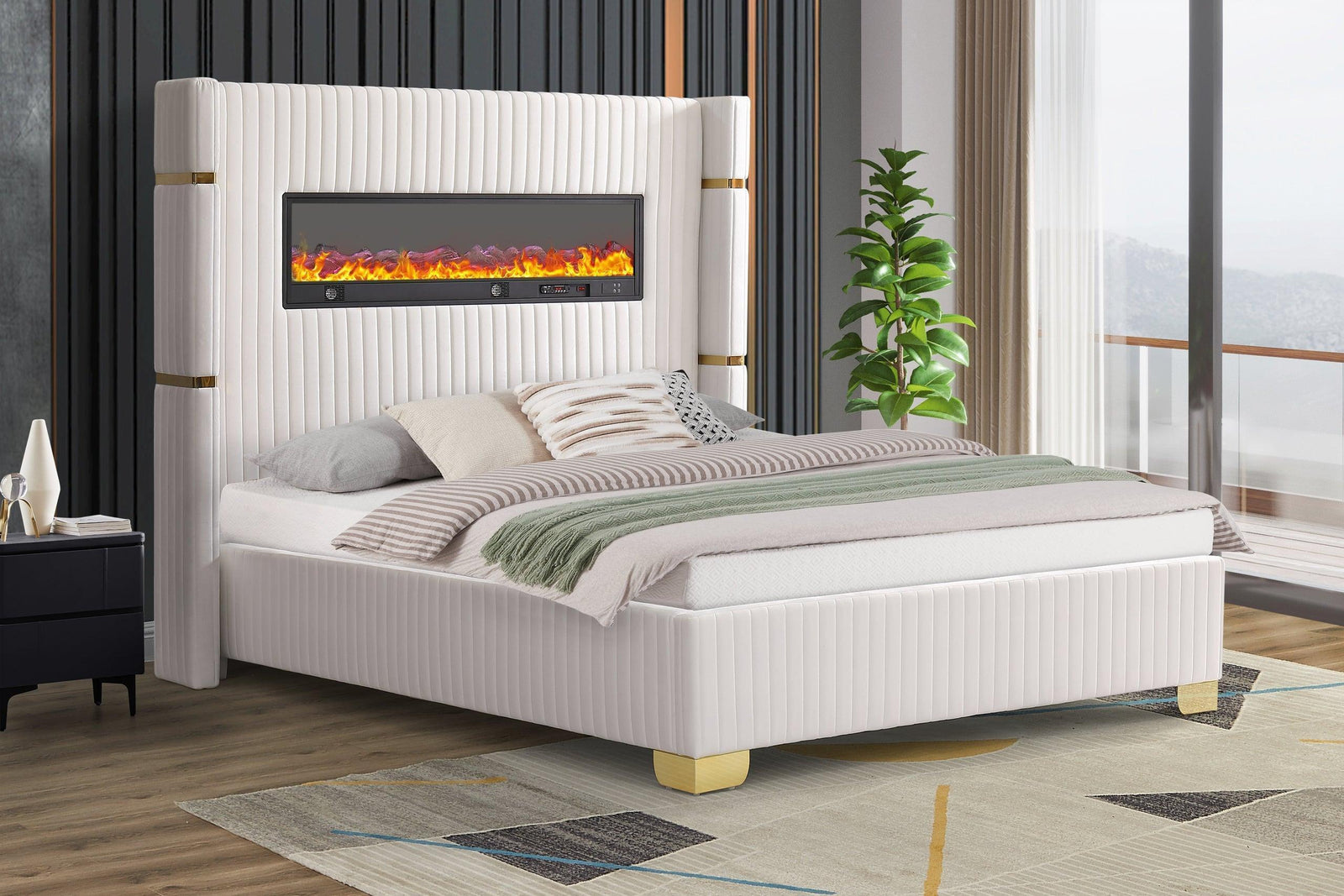Romance White Multi Color Fireplace Platform King Bed