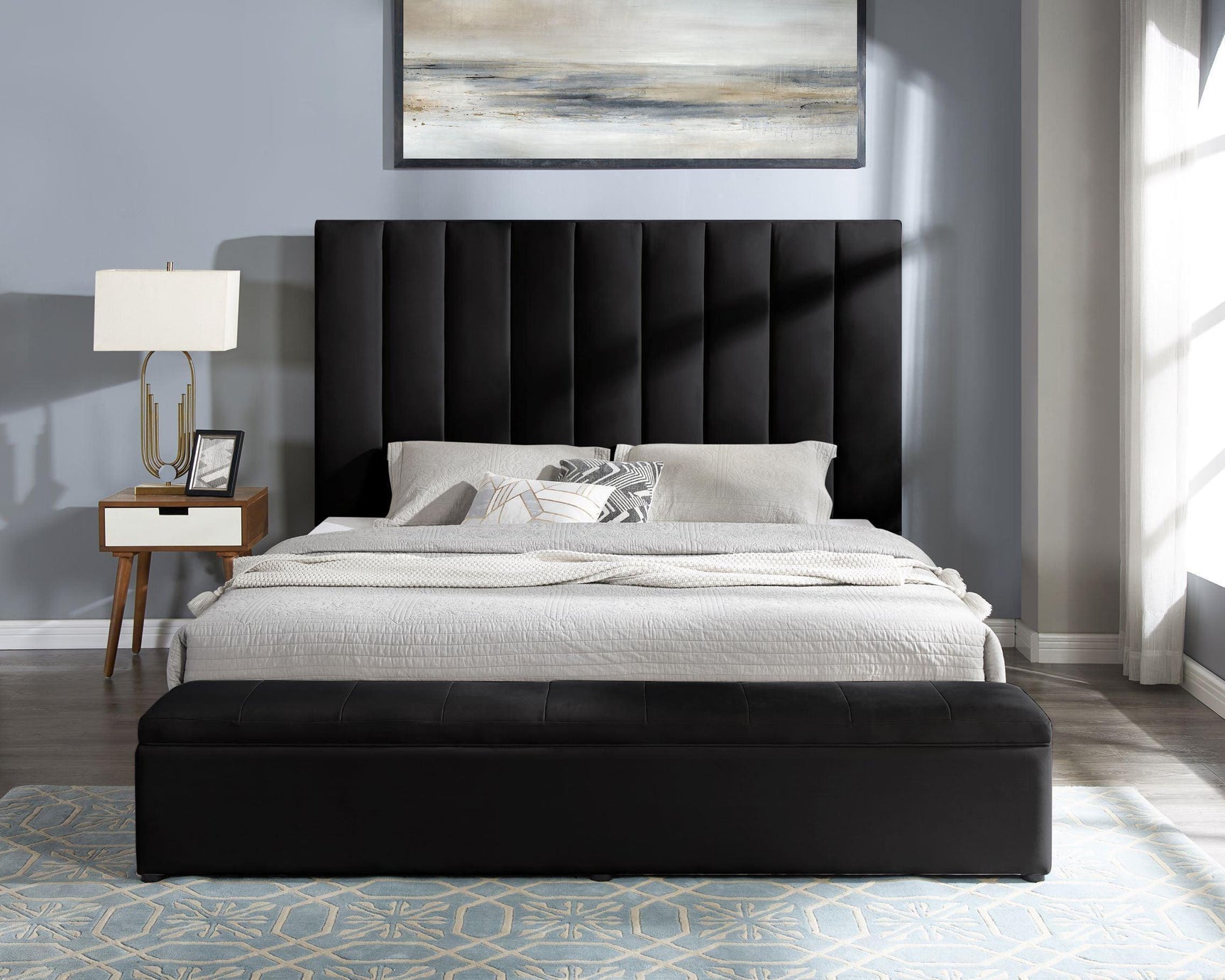 Valencia Black Velvet Upholstered Platform King Bed