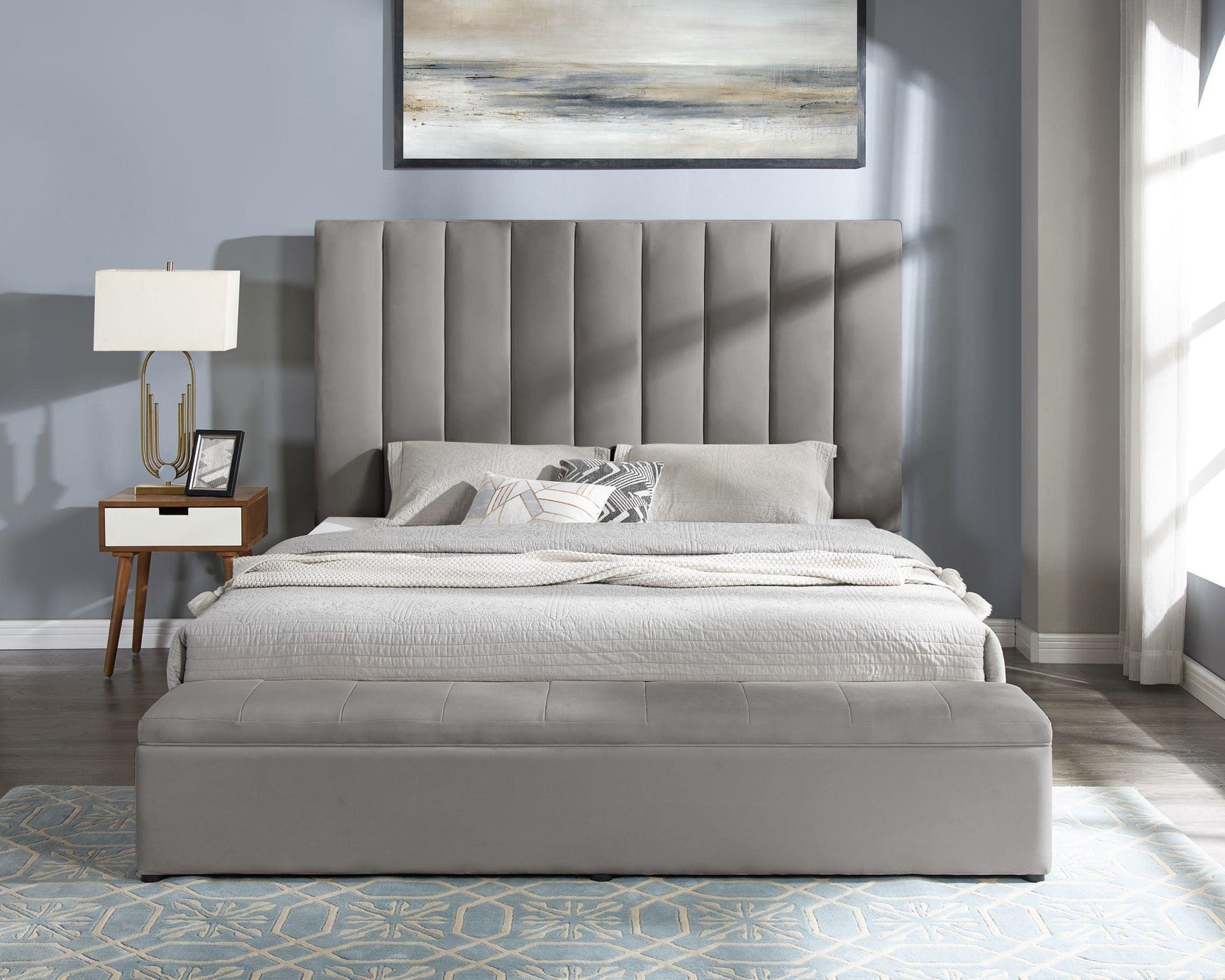 Valencia Gray Velvet Upholstered Platform King Bed