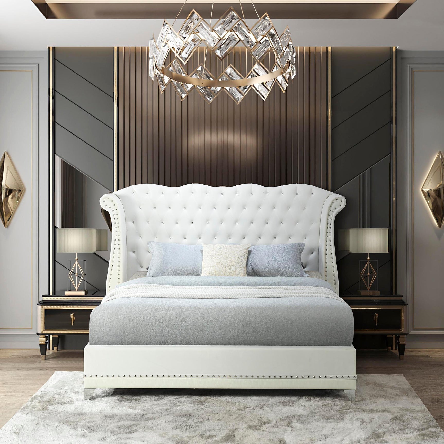 Luxor White Velvet Upholstered Tufted Platform Queen Bed