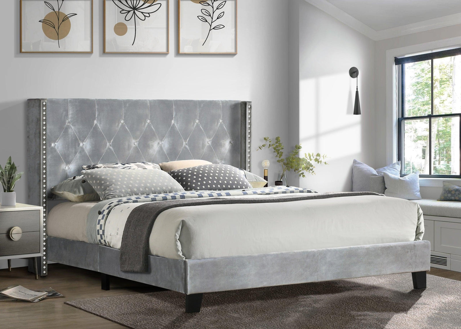 Silver Velvet Upholstered Tufted Platform Queen Bed