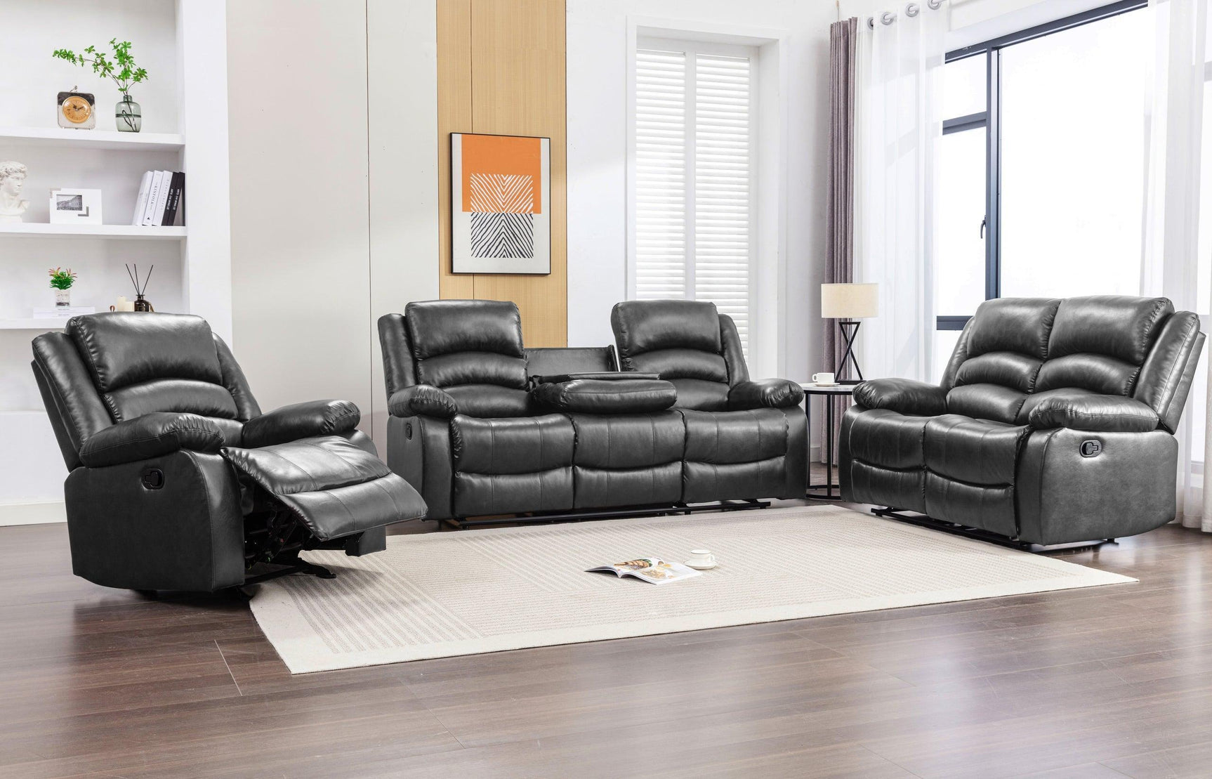 Dynamo2 Black Modern Contemporary Faux Leather Metal Reclining Set - Ella Furniture