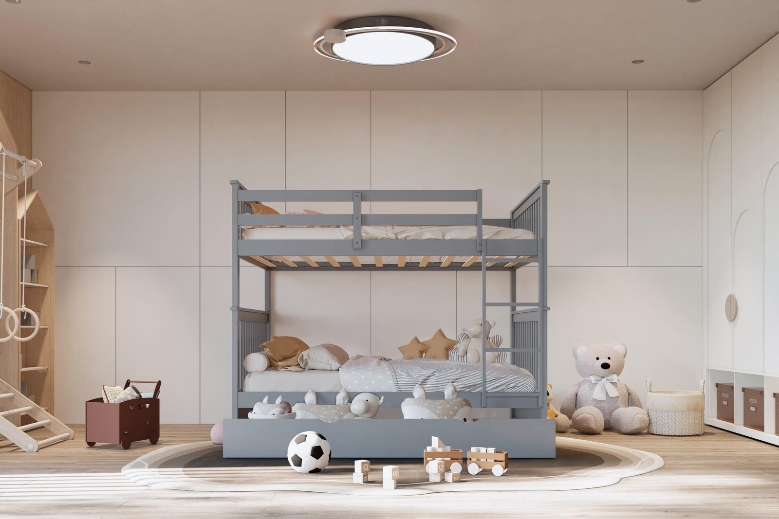 Gray Modern Solid Wood And Veneers Trundle Twin Over Twin Bunk Beds - Ella Furniture
