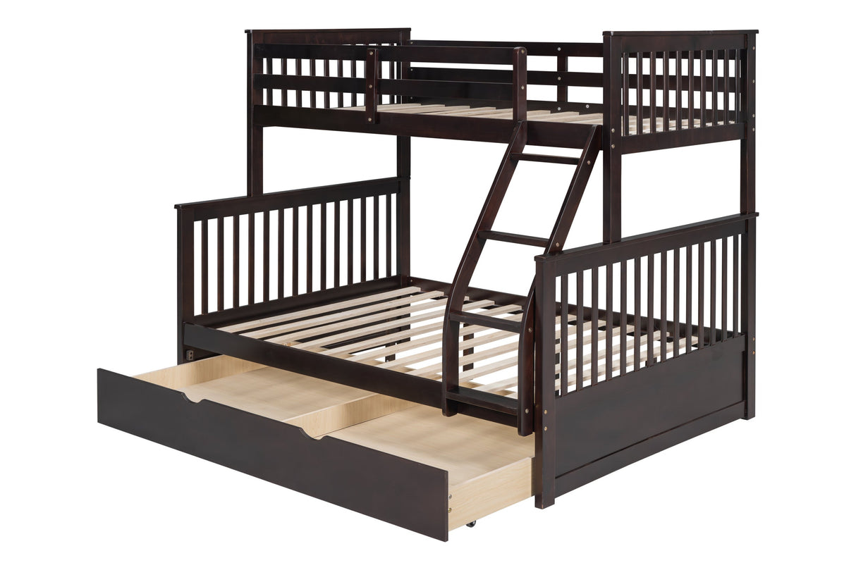 Espresso Modern Solid Wood Twin Over Full Trundle Bunk Beds