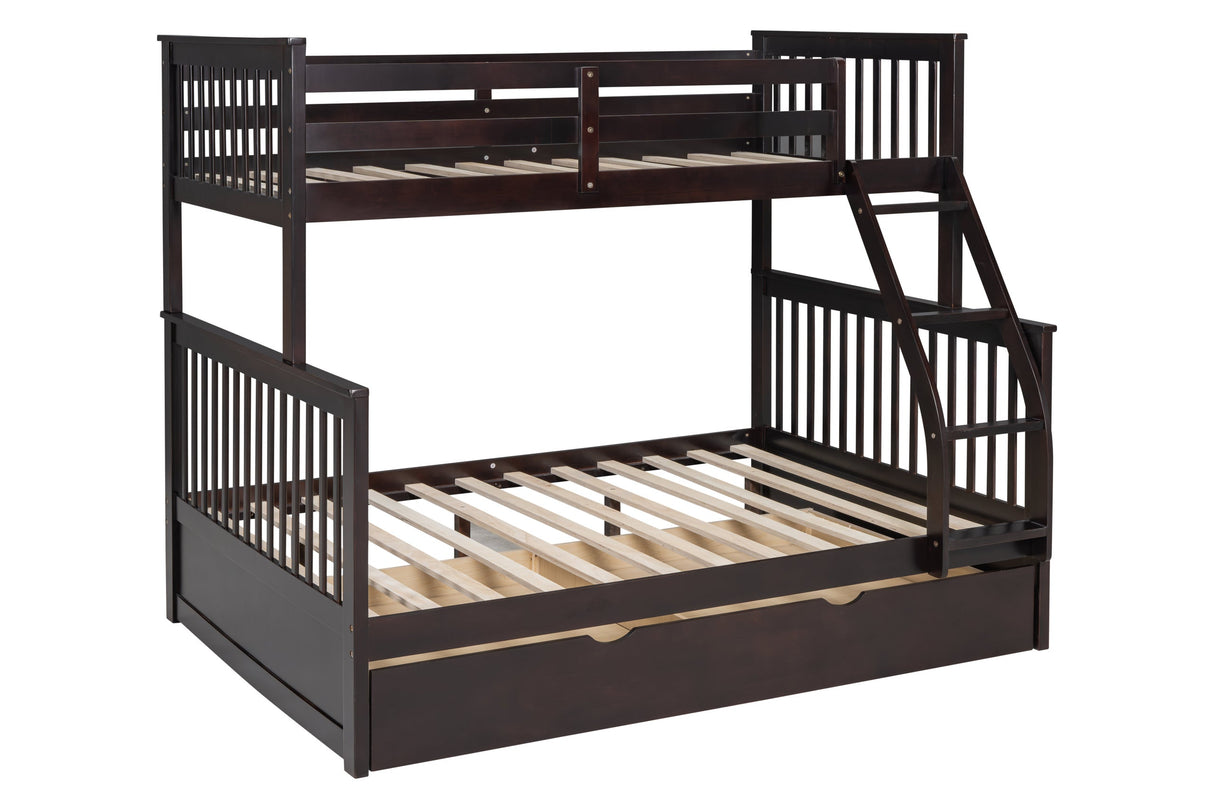 Espresso Modern Solid Wood Twin Over Full Trundle Bunk Beds