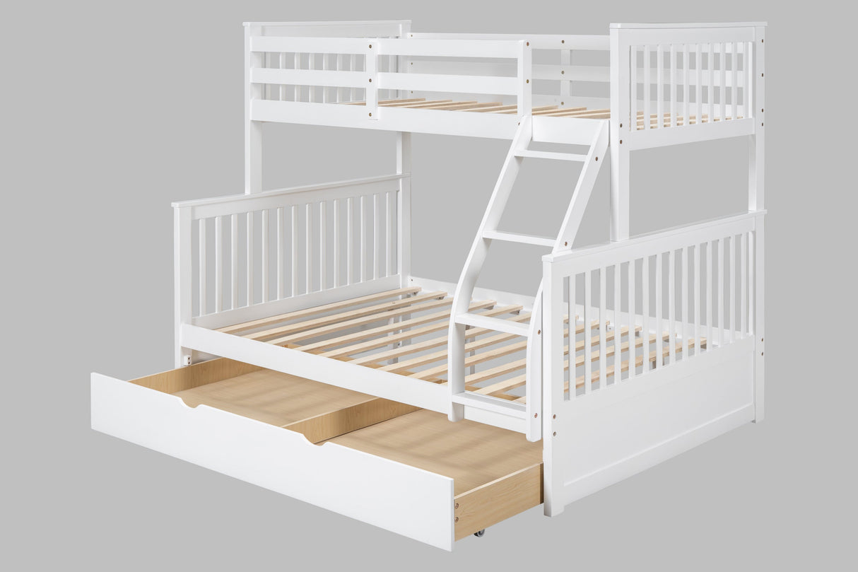 White Modern Solid Wood Twin Over Full Trundle Bunk Beds