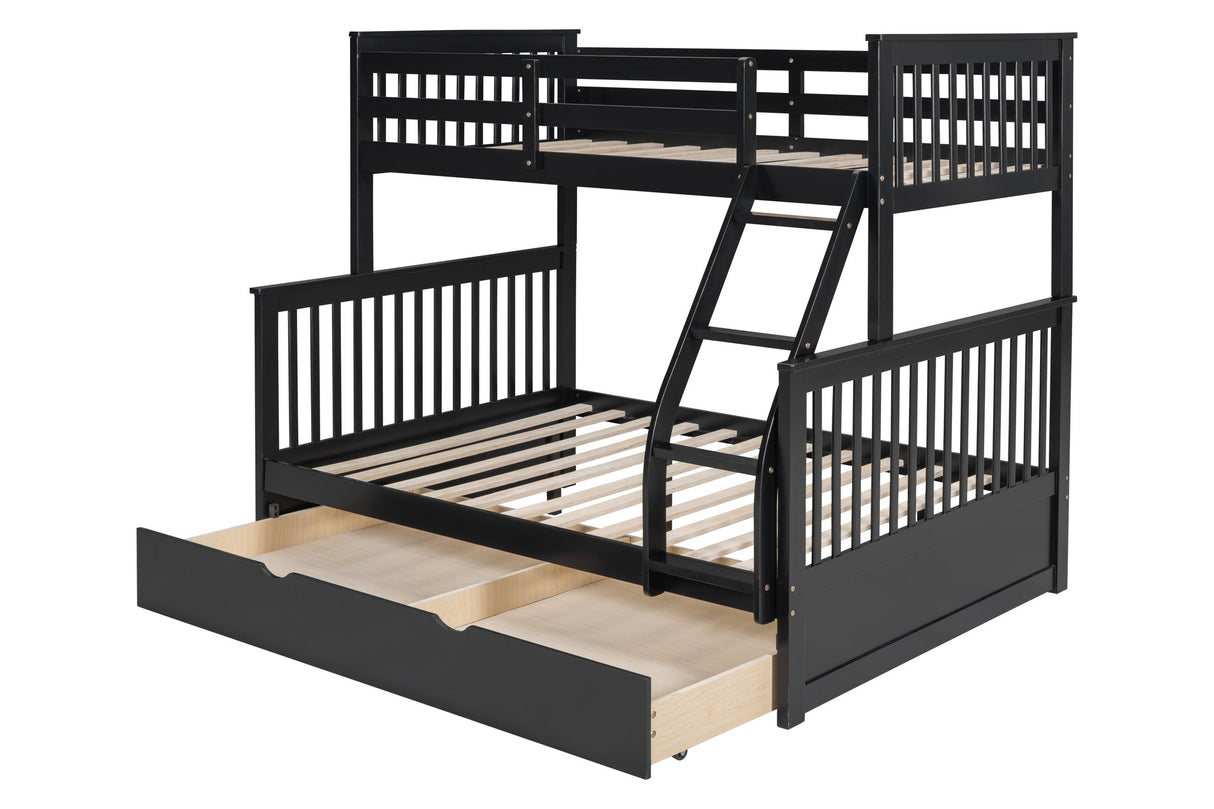 Black Modern Solid Wood Twin Over Full Trundle Bunk Beds