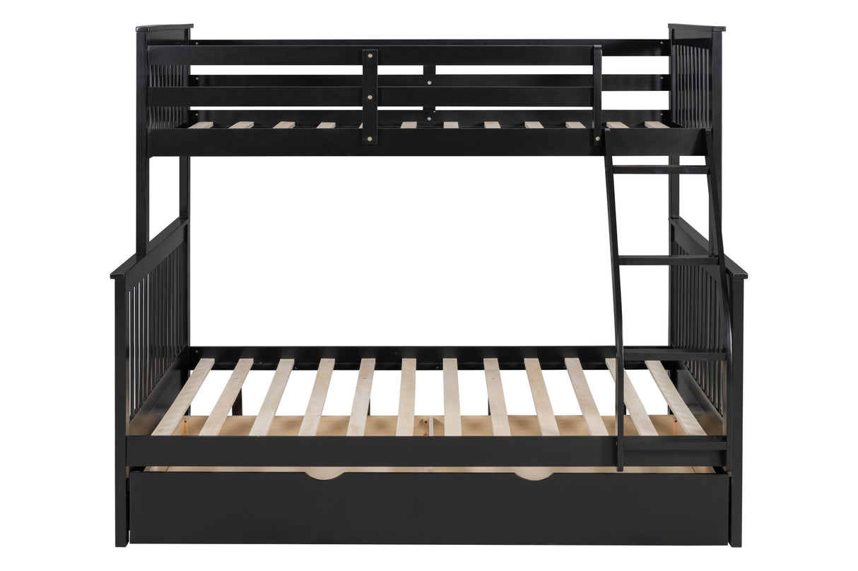 Black Modern Solid Wood Twin Over Full Trundle Bunk Beds