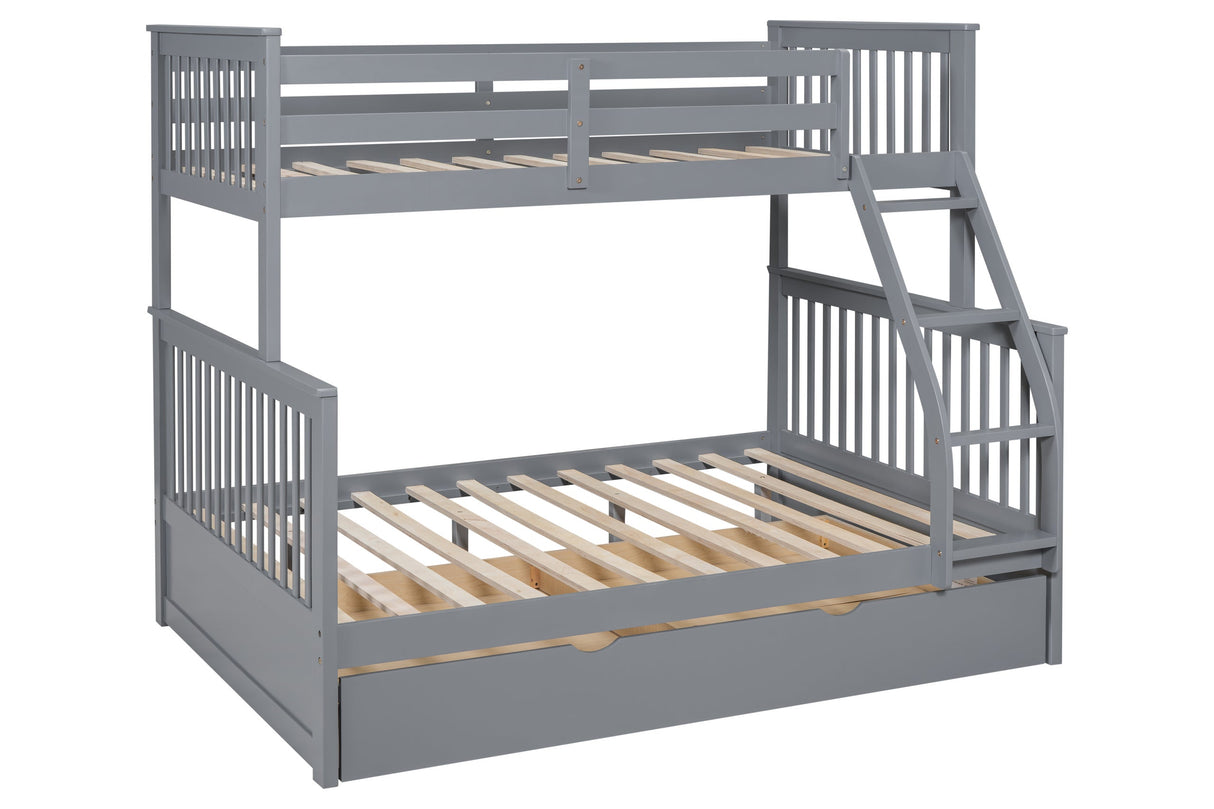 Gray Modern Solid Wood Twin Over Full Trundle Bunk Beds