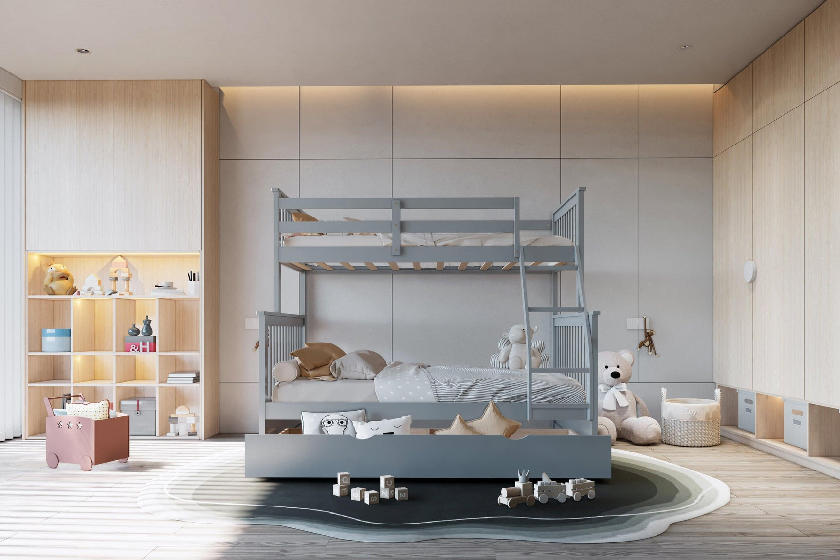 Gray Twin Over Full Trundle Bunk Bed