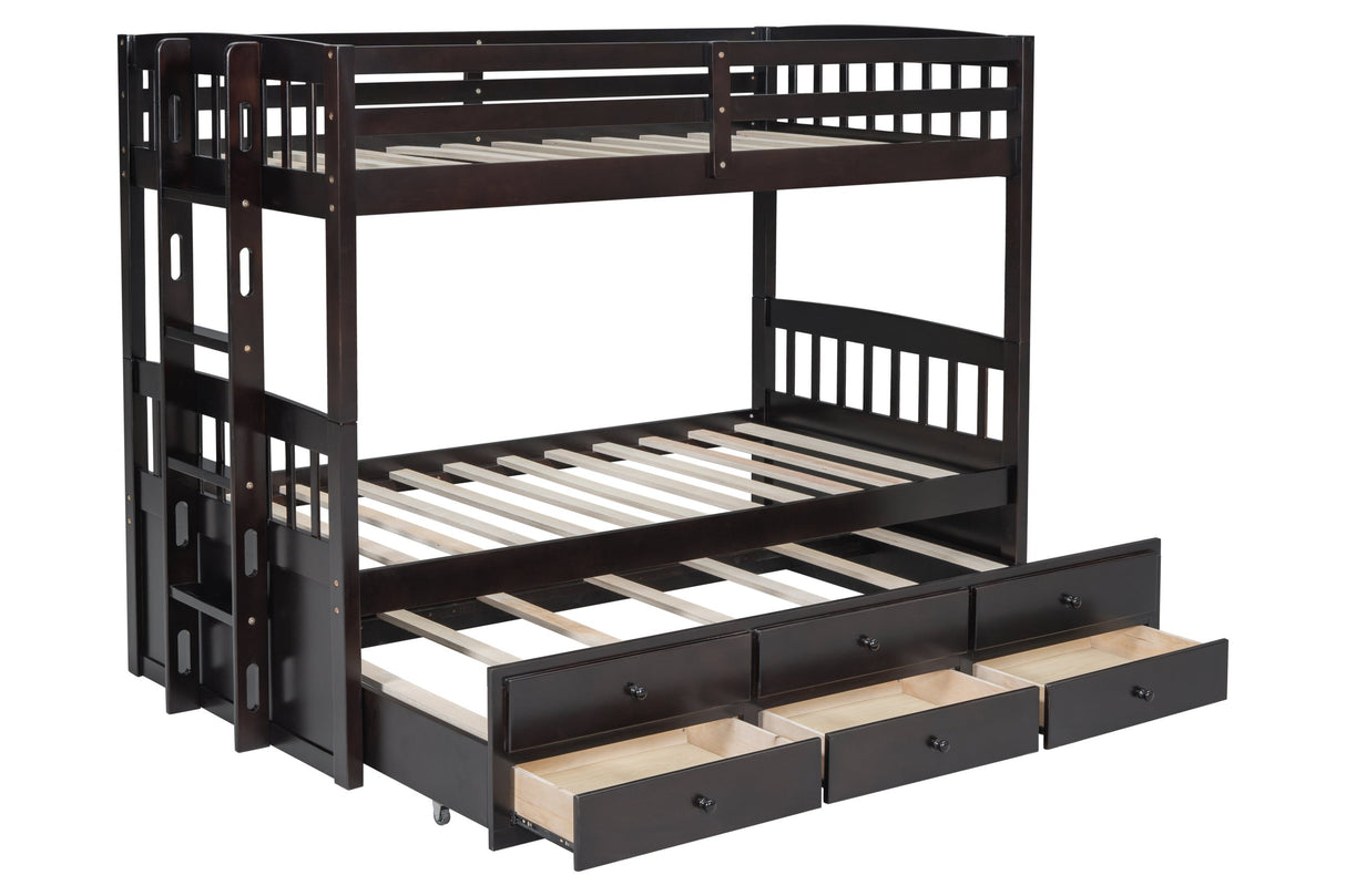 Espresso Modern Solid Wood Twin Over Twin Trundle Storage Bunk Beds