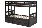 Espresso Modern Solid Wood Twin Over Twin Trundle Storage Bunk Beds