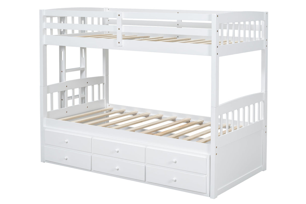White Modern Solid Wood Twin Over Twin Trundle Storage Bunk Beds