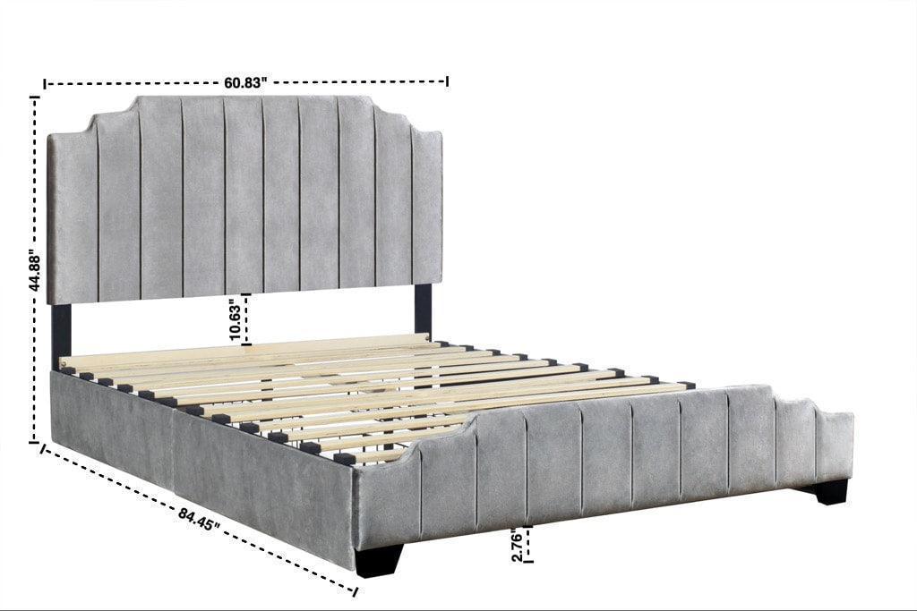 Doom Gray Velvet Upholstered Platform Queen Bed