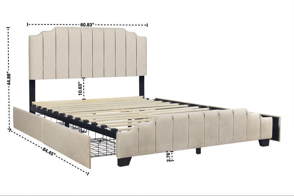 Jaddy Beige Velvet Upholstered Platform King Bed