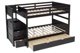 Espresso Modern Solid Wood Full Over Full Trundle Staircase Storage Bunk Beds