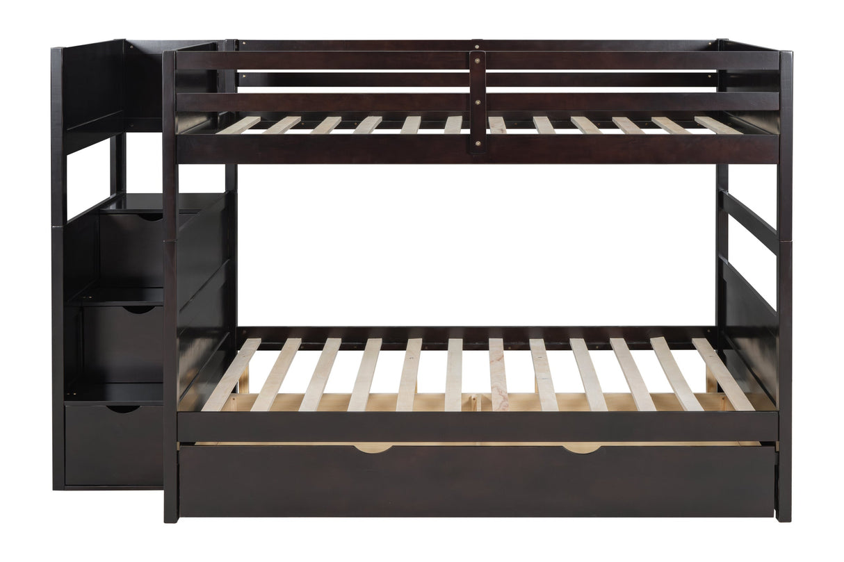 Espresso Modern Solid Wood Full Over Full Trundle Staircase Storage Bunk Beds