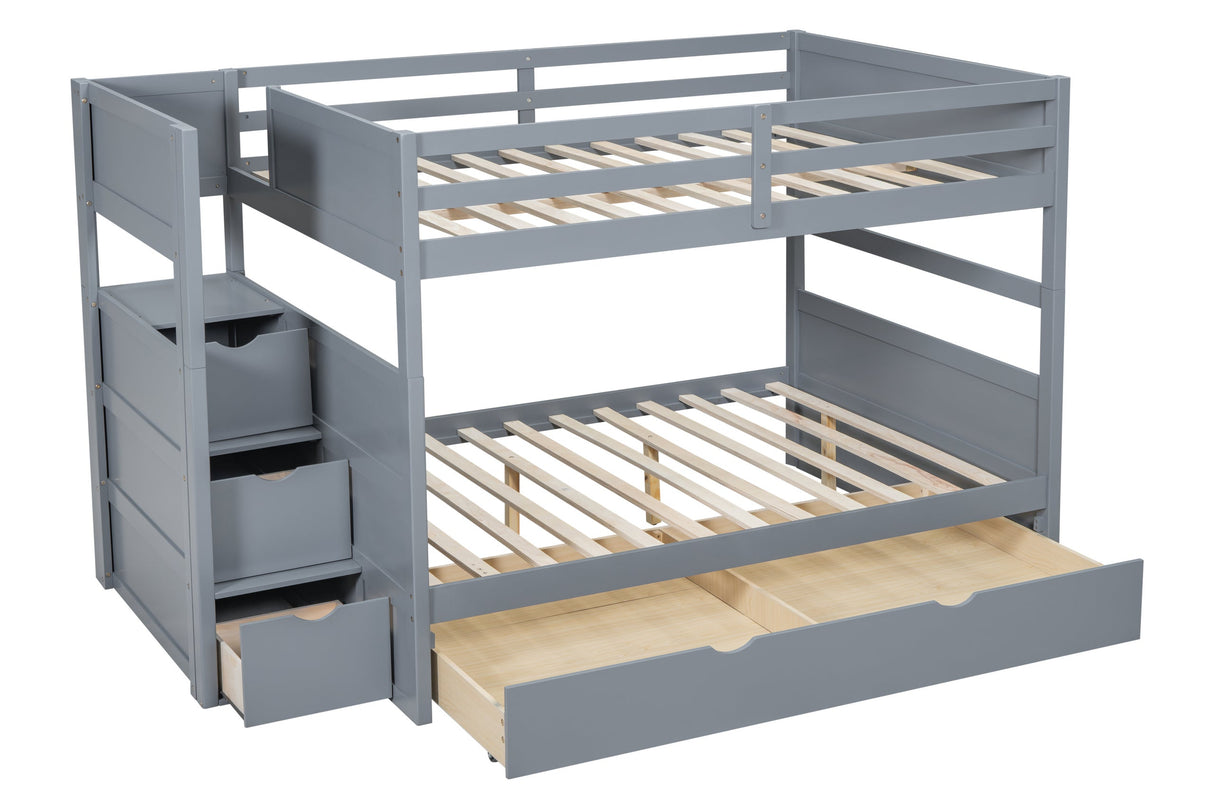 Gray Modern Solid Wood Full Over Full Trundle Staircase Storage Bunk Beds
