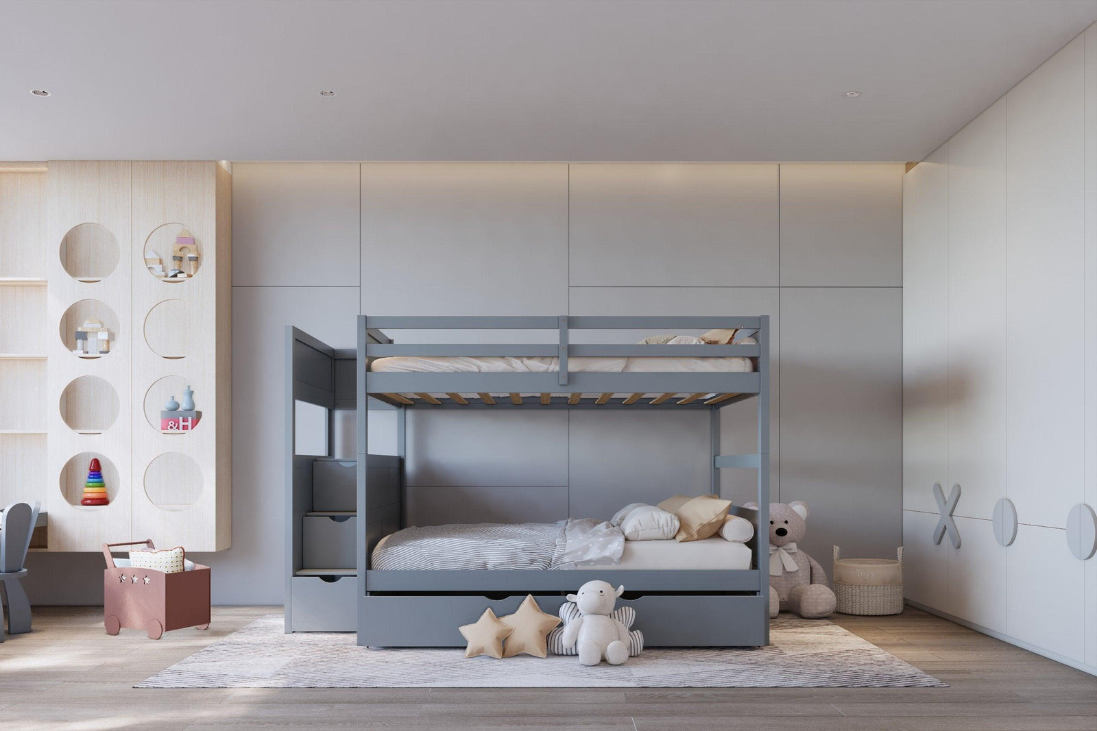 Gray Full Over Full Trundle Staircase Storage Bunk Bed