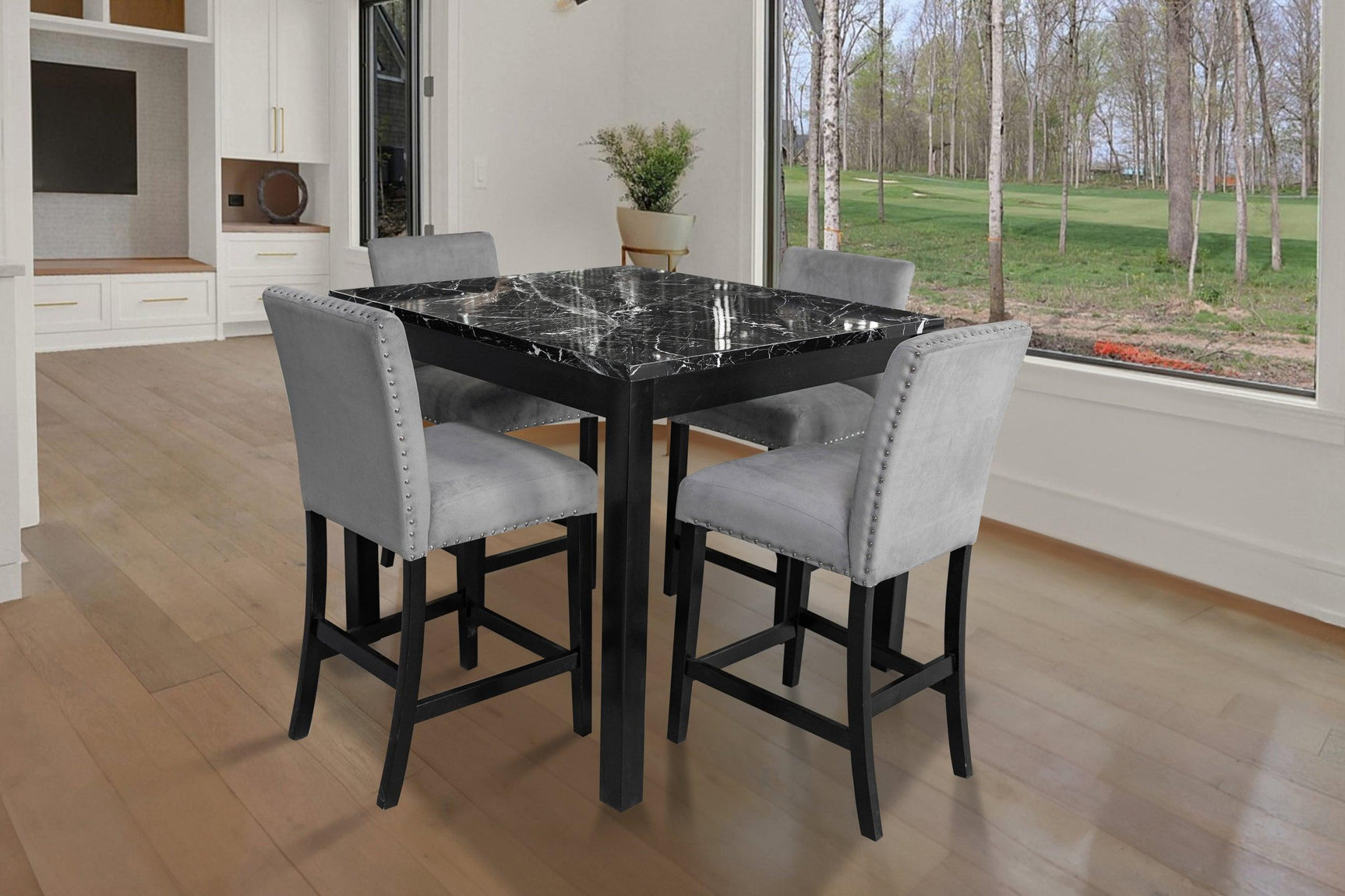 Dior Oynx Gray Marble Top Industrial Velvet Upholstered Dining Room Set