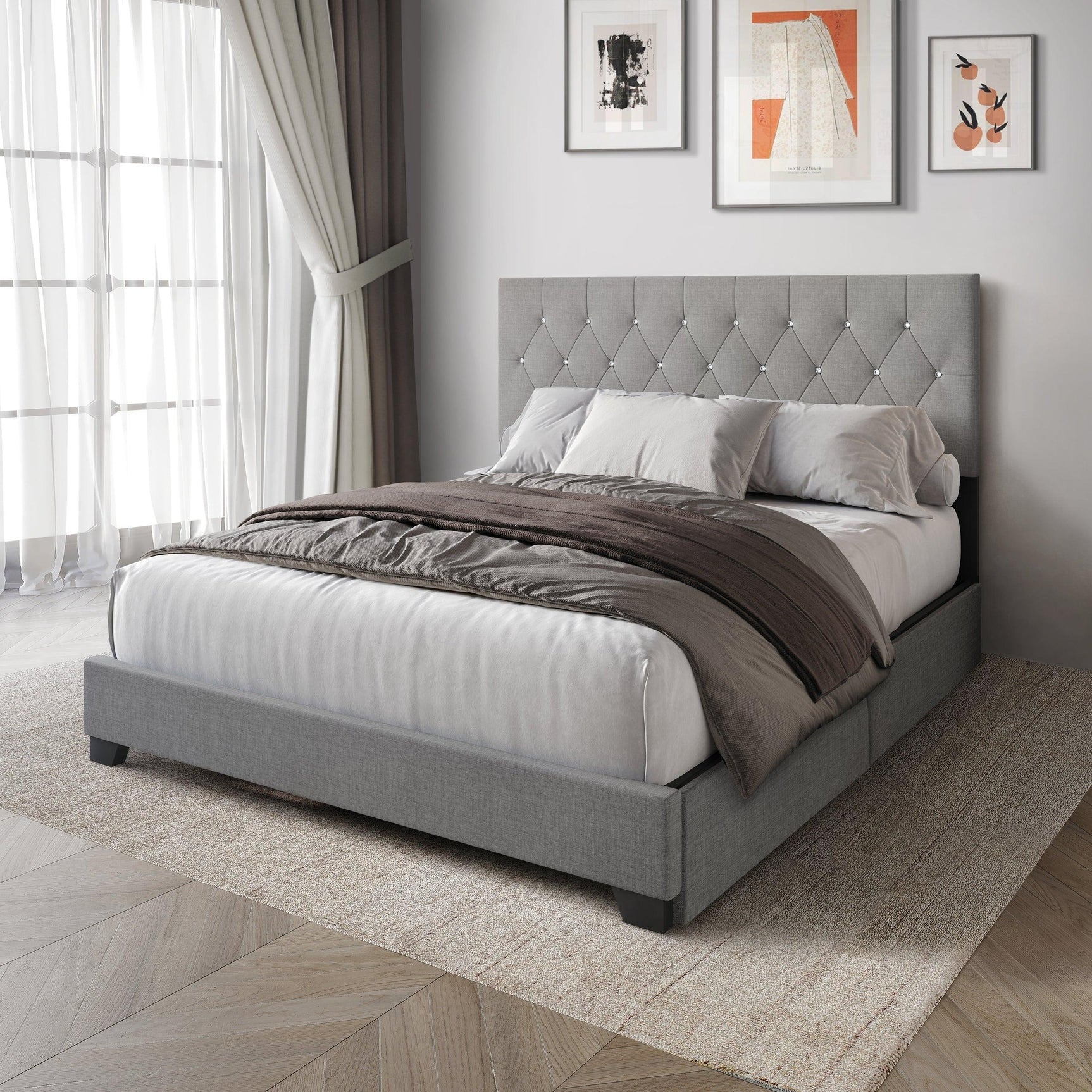 Dooma Gray Velvet Upholstered Tufted Platform Queen Bed