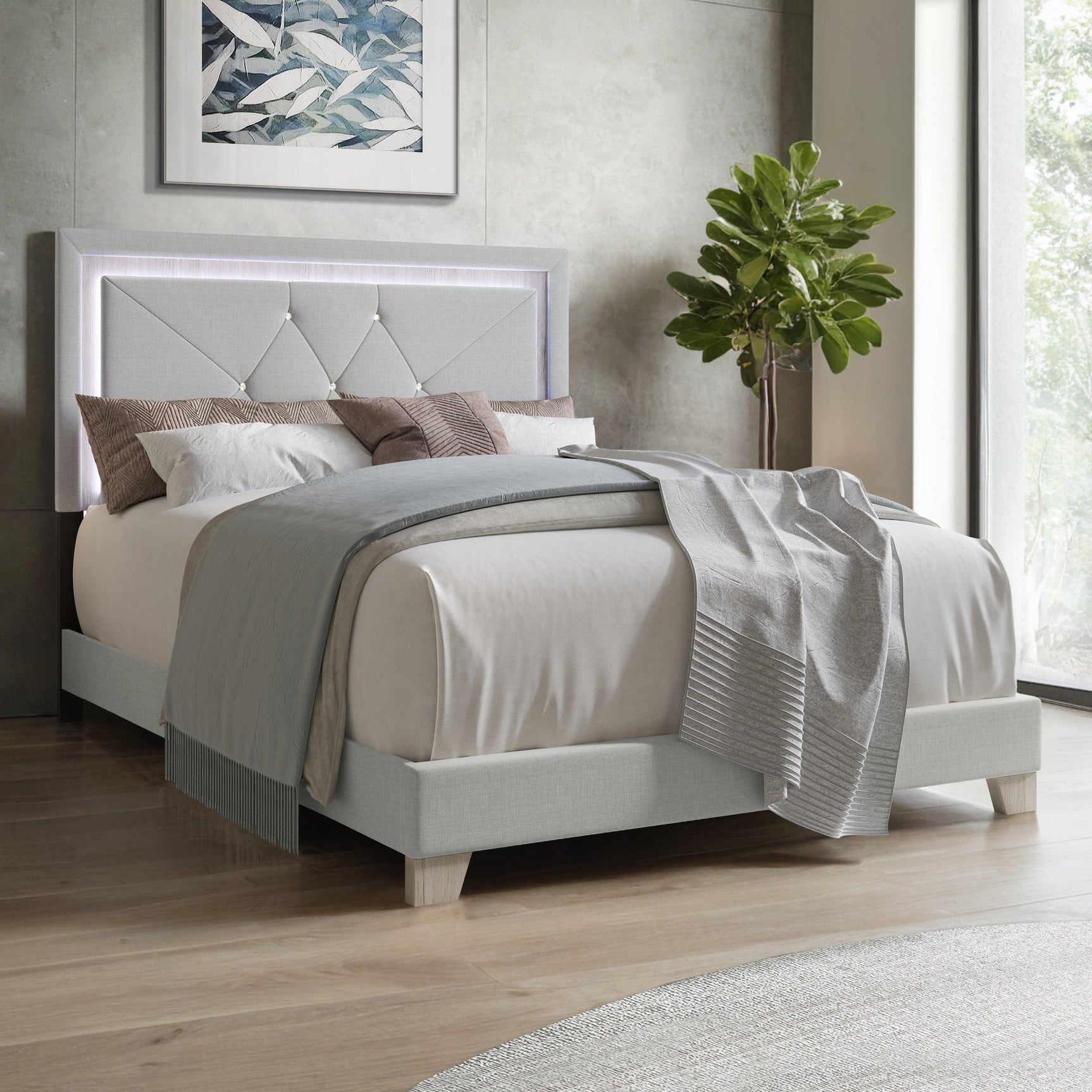 Silver Velvet Upholstered Tufted LED Platform Queen Bed