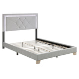 Silver Velvet Upholstered Tufted LED Platform Queen Bed