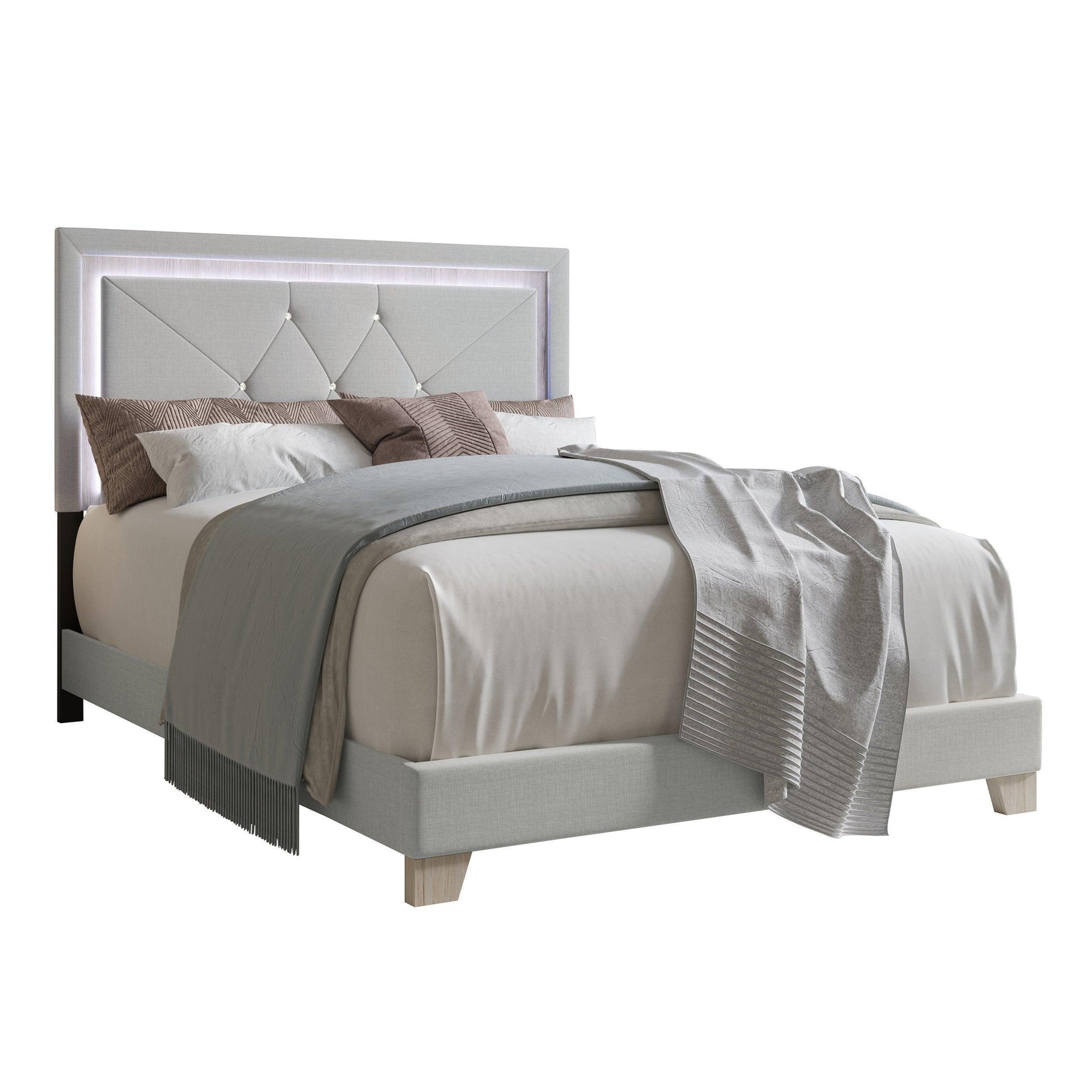 Silver Velvet Upholstered Tufted LED Platform Queen Bed