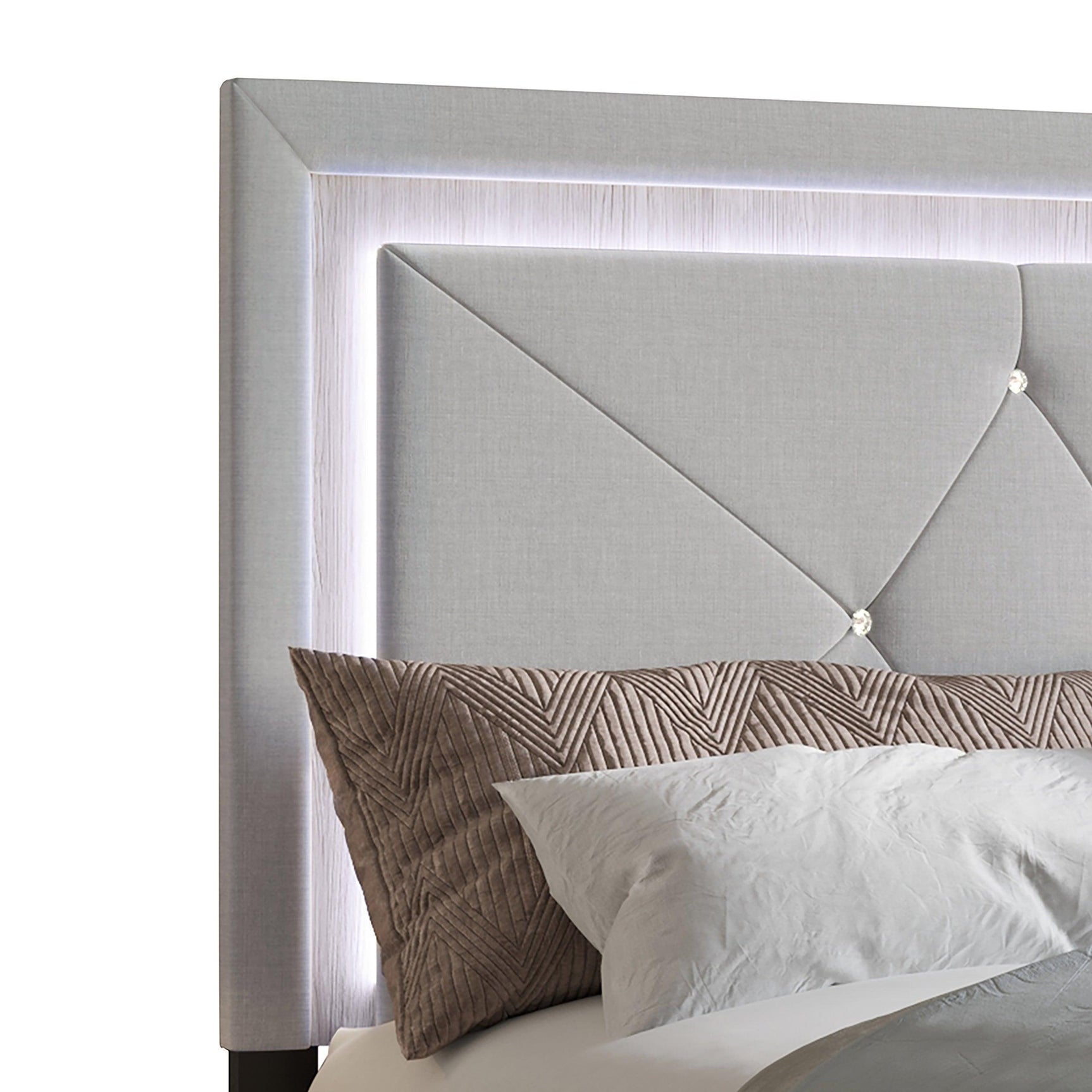 Silver Velvet Upholstered Tufted LED Platform Queen Bed