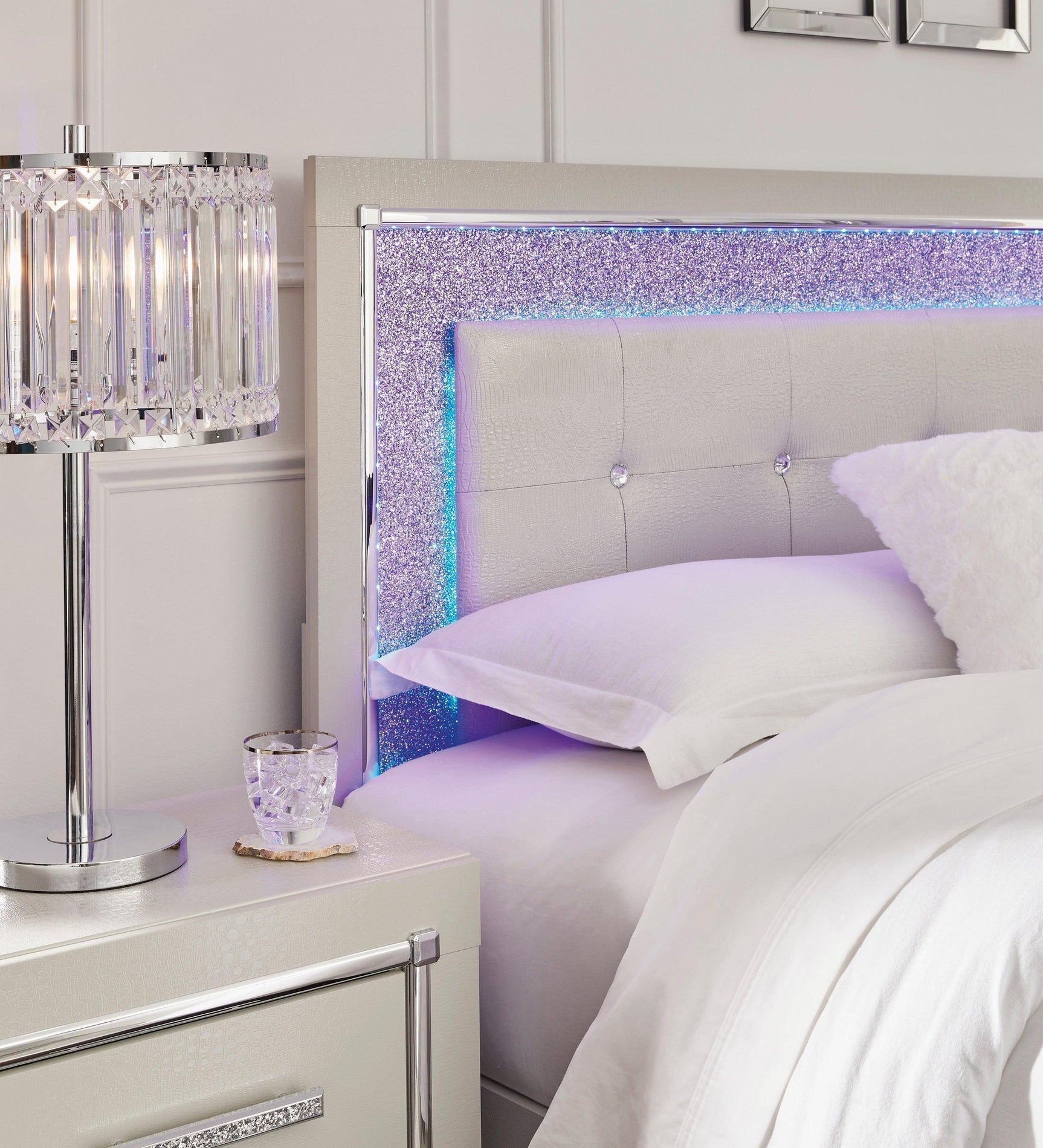 Zyniden Silver Upholstered LED Panel Bedroom Set