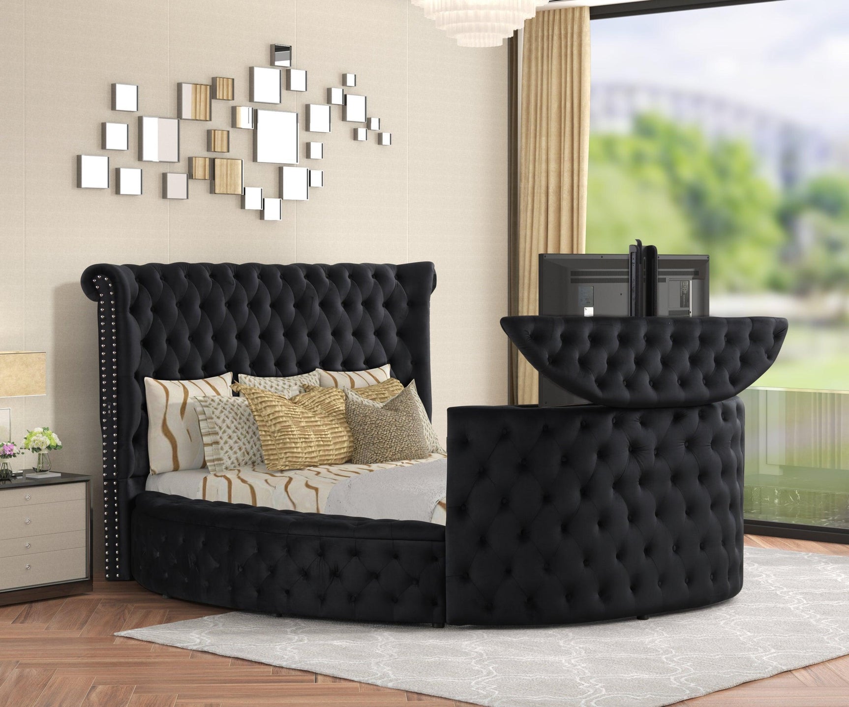 Patron Black Platform King Bed w Fireplace