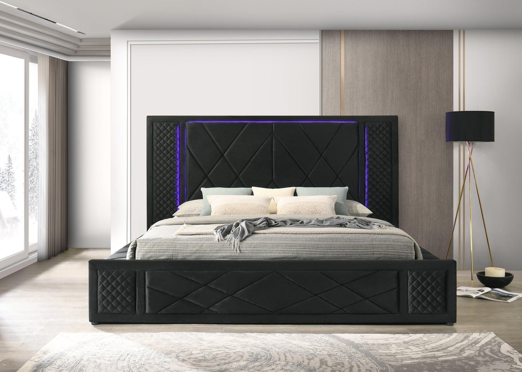 Lorenzo Black Upholstered LED Platform Queen Bed