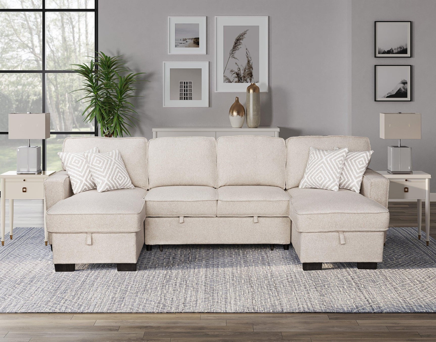 Sahara Beige Double Storage Chaise Sectional w Drop Down Cupholders