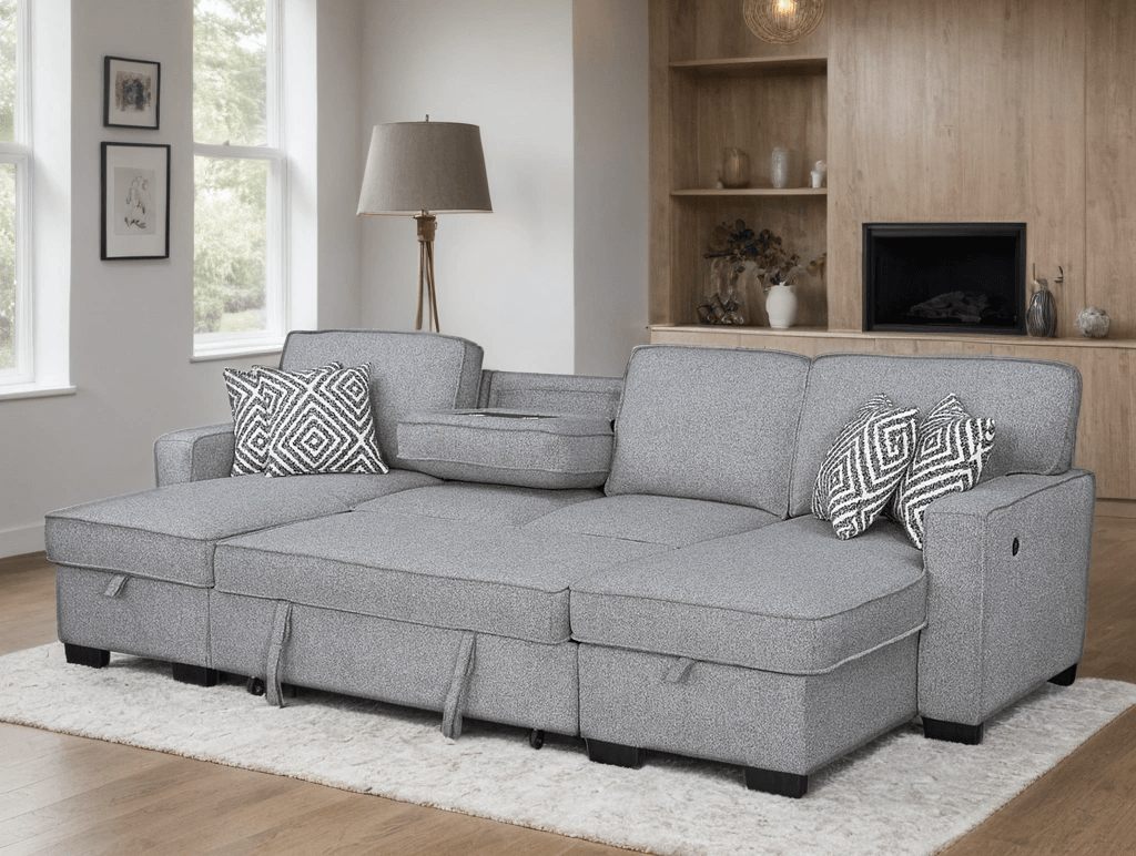 Sahara Gray Double Storage Chaise Sectional w Drop Down Cupholders