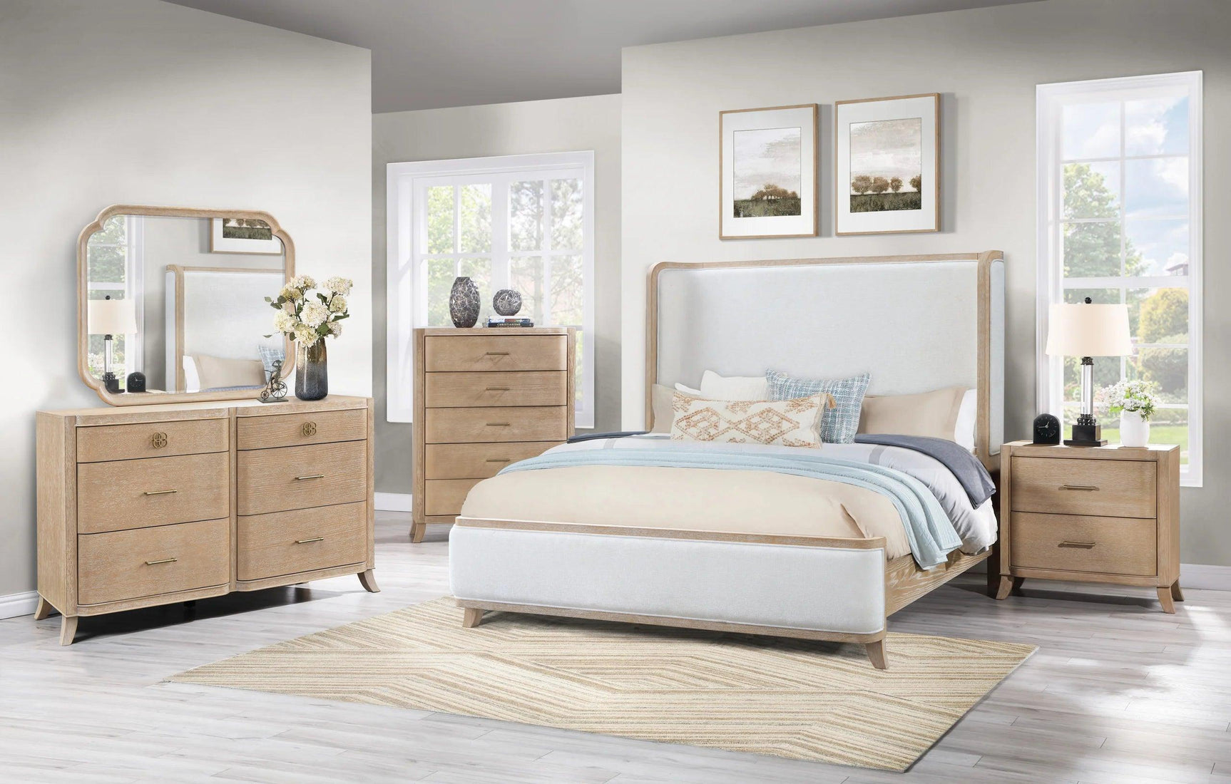 Hilla Light Brown Gray Upholstered Panel Bedroom Set