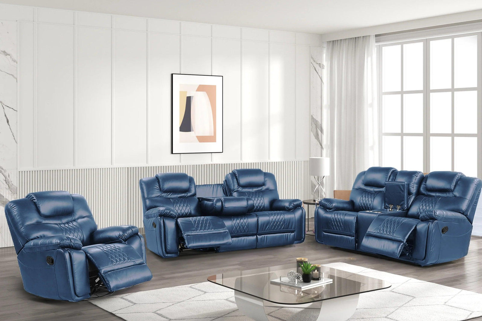 Galveston Blue Faux Leather Oversized 3-Piece Reclining Set