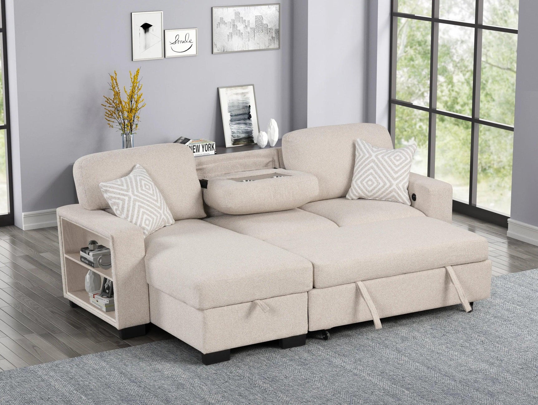 Pacific Beige Reversible Sectional w Pull-Out Bed