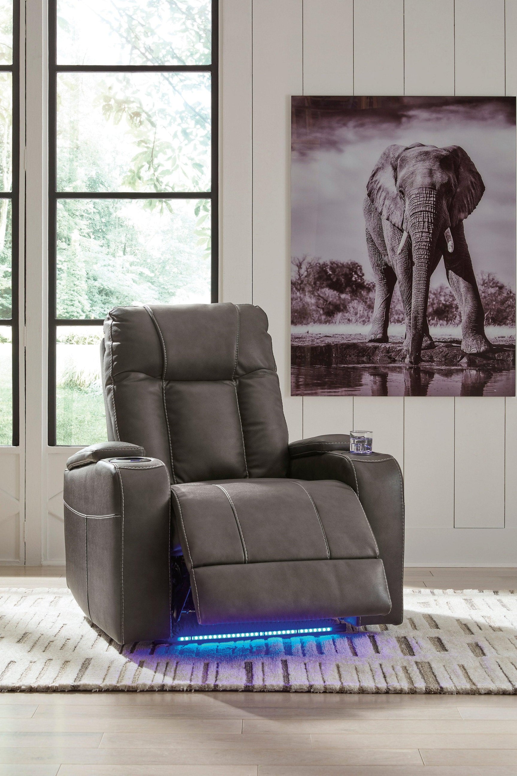 Den Gray Faux Leather Power Recliner w LED & USB Port
