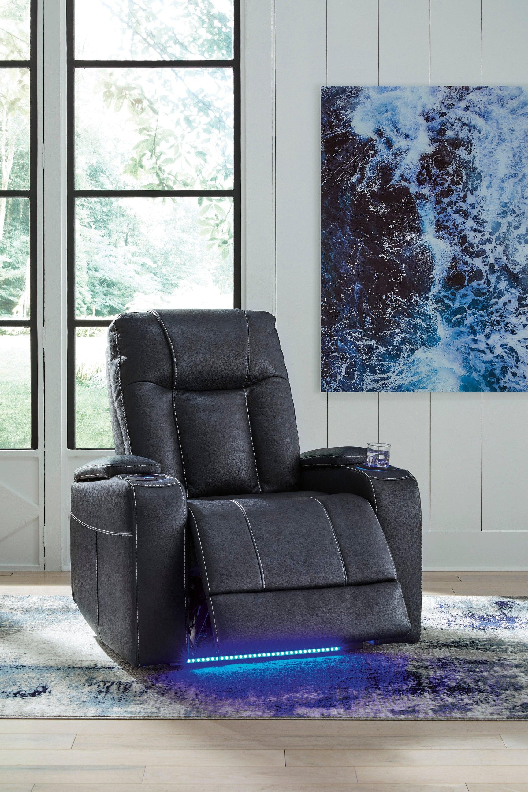 Den Sapphire Faux Leather Power Recliner w LED & USB Port