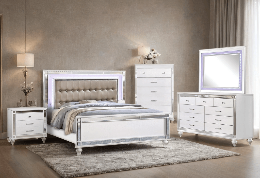 Blanca White Brown Upholstered LED Panel Bedroom Set