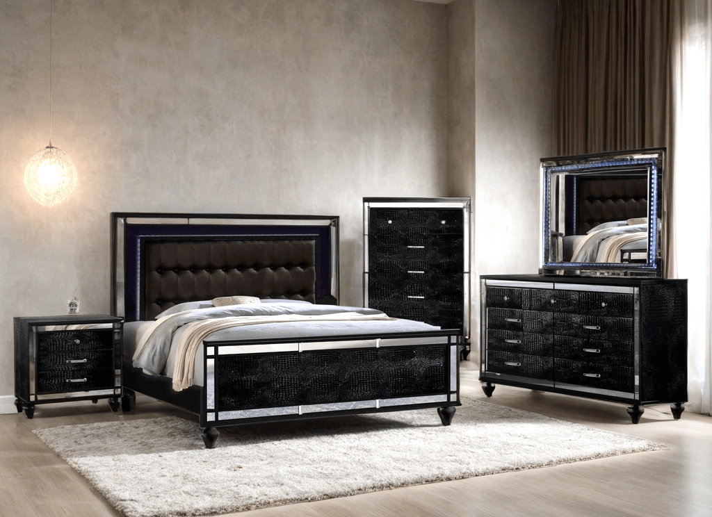 Blanca Black Brown Upholstered LED Panel Bedroom Set