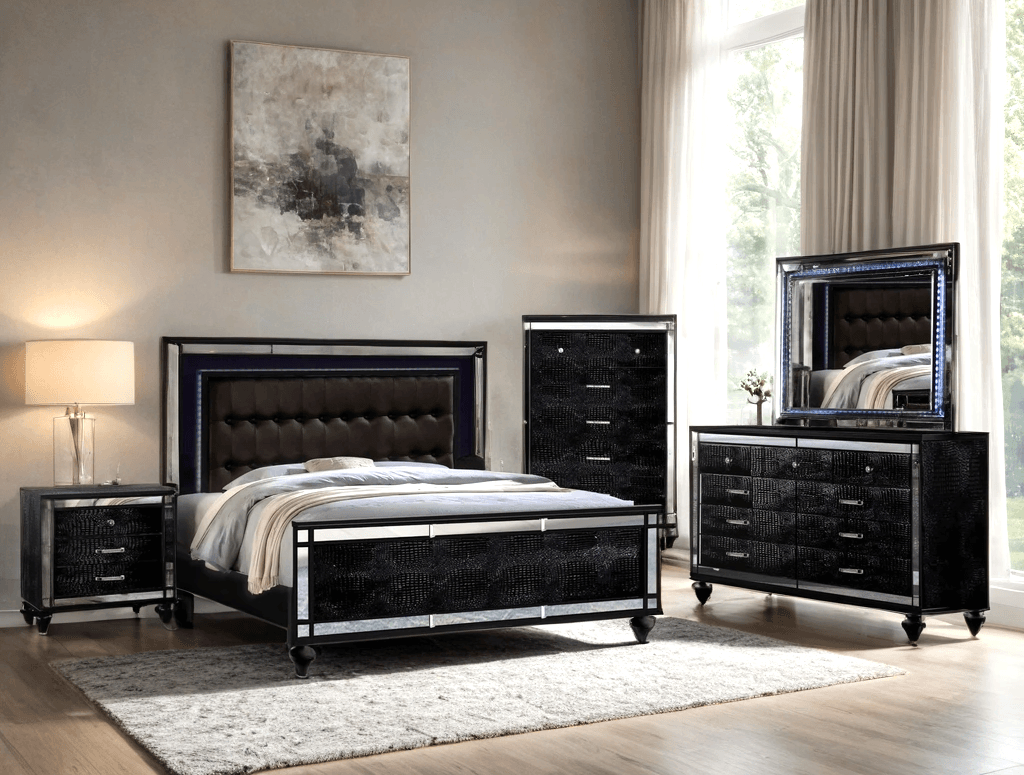 Blanca Black Brown Upholstered LED Panel Bedroom Set