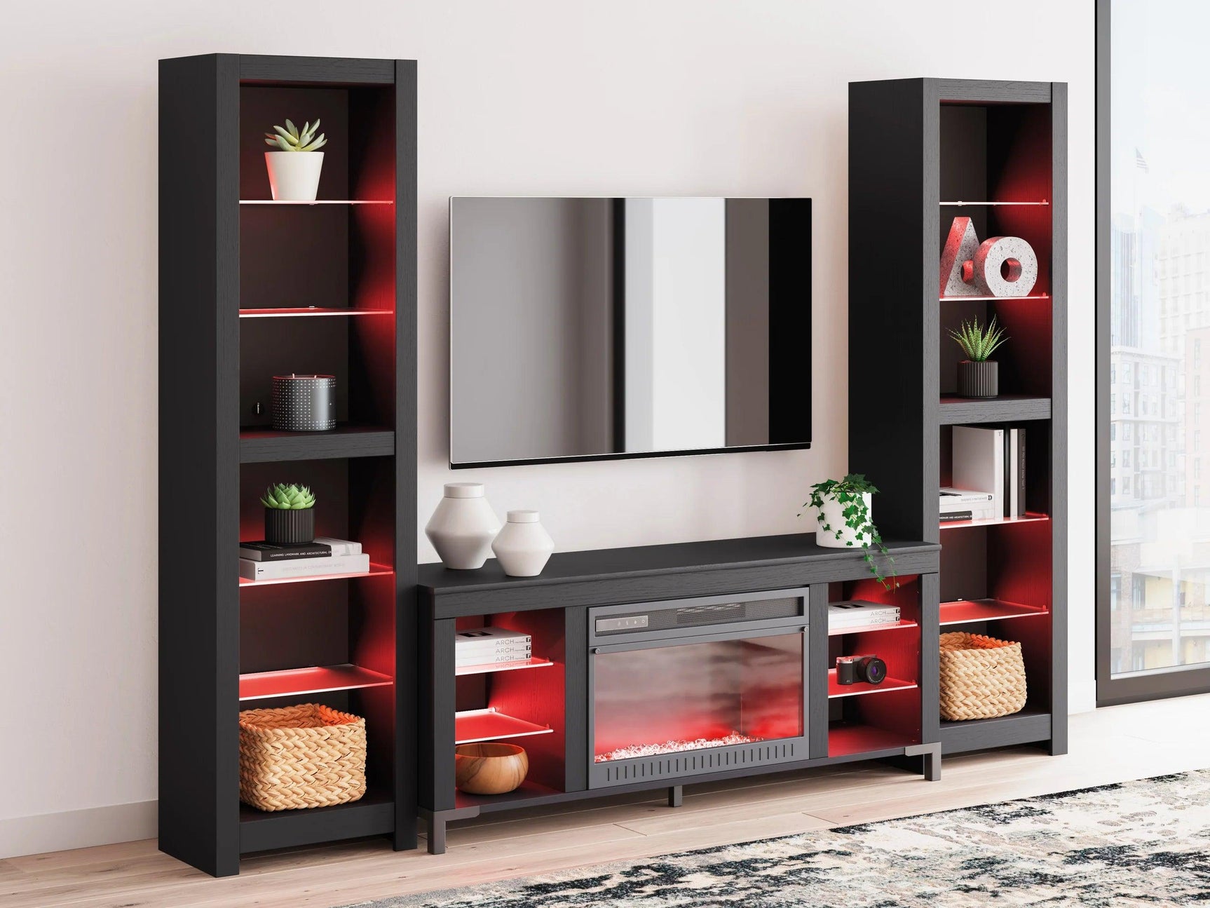 Cayberry Black TV Stand w Fireplace LED Lights