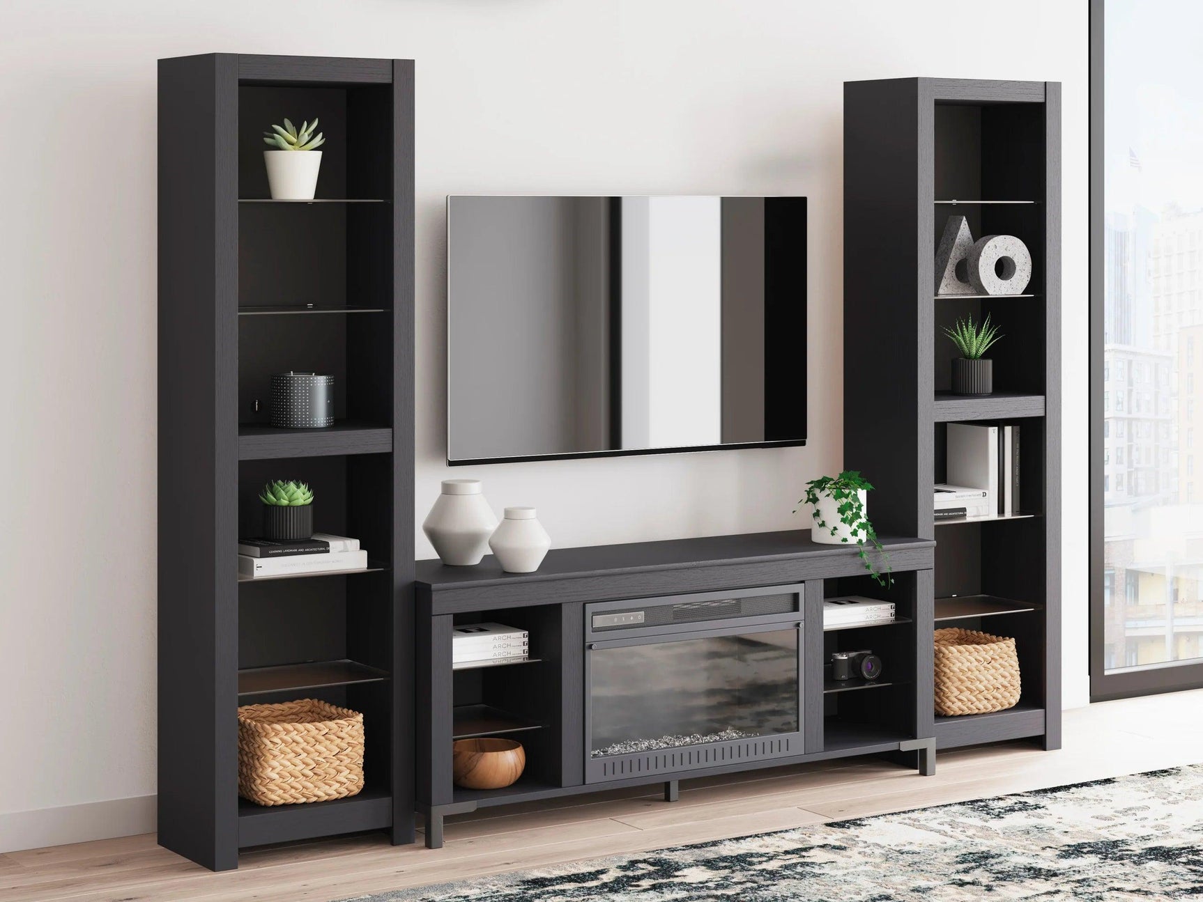 Cayberry Black TV Stand w Fireplace LED Lights
