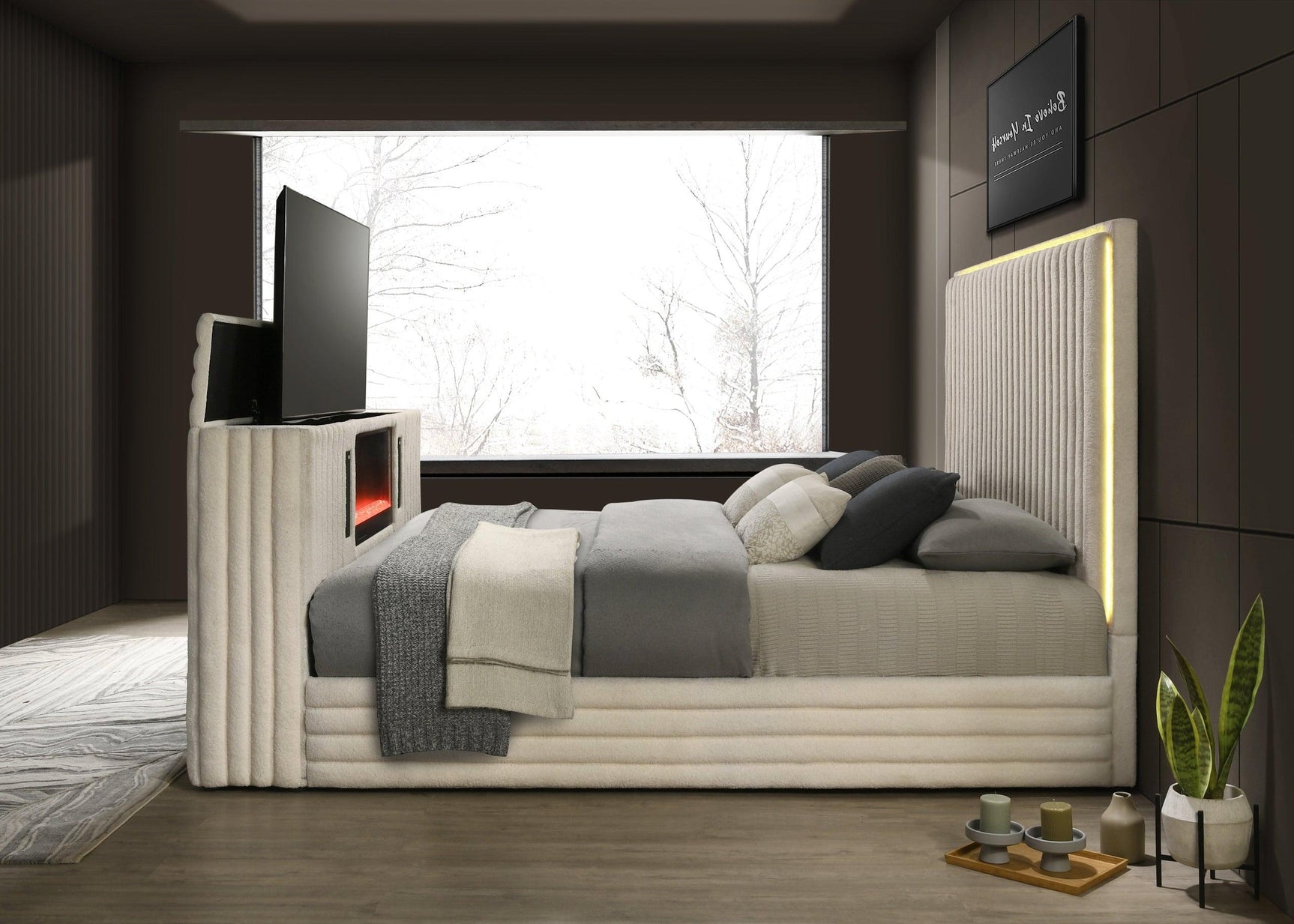 Villa White Uphosltered LED Platform King Bed
